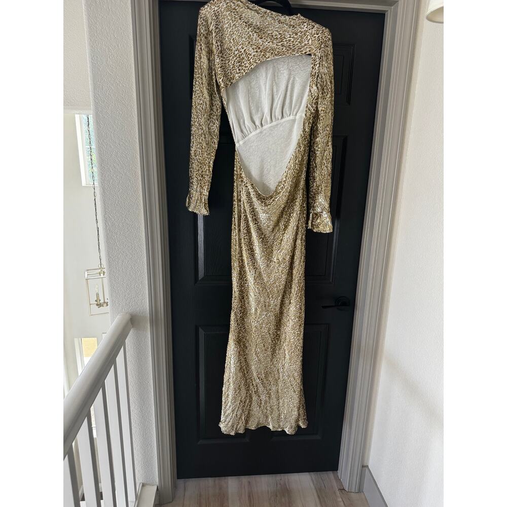 Self Portrait Women's Gold Metallic Maxi Gown Size 6 Open Back Black - Picture 7 of 7